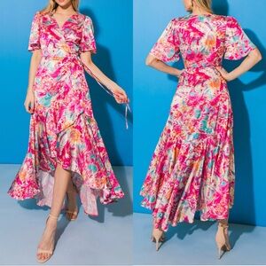 Flying Tomato Pink Floral Wrap Maxi Dress Formal Resort Large Satin Vacation Y2K